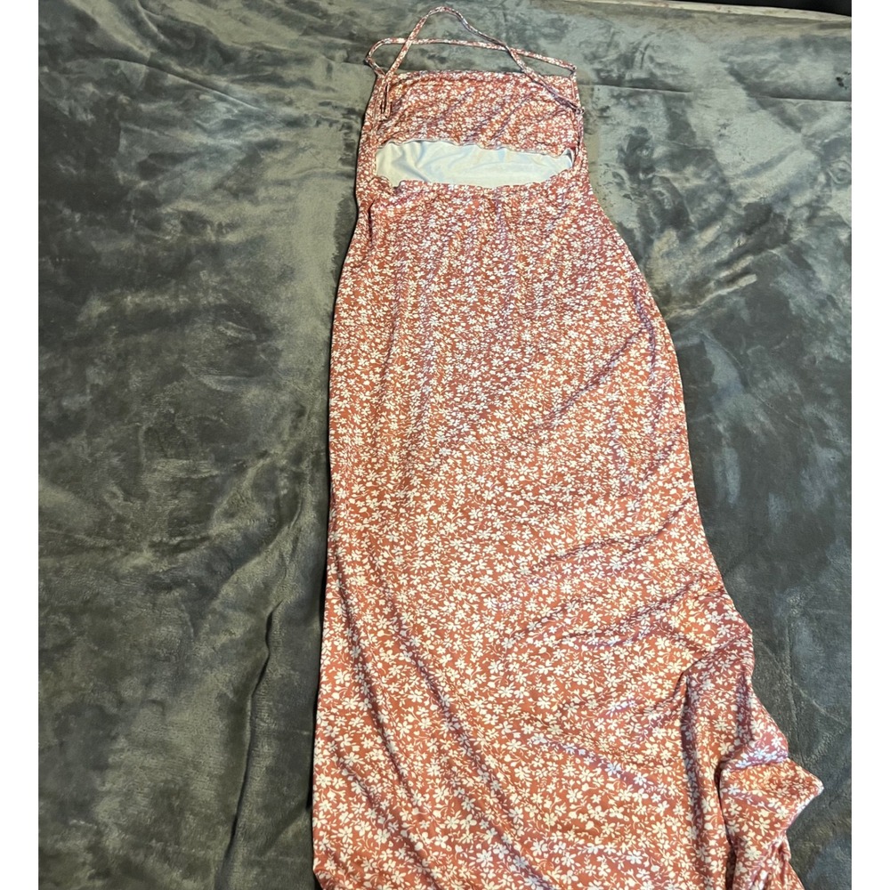 SHEIN Floral Cowl Neck Maxi Dress Orange White Ditsy Print Open Back Medium - Picture 3 of 4